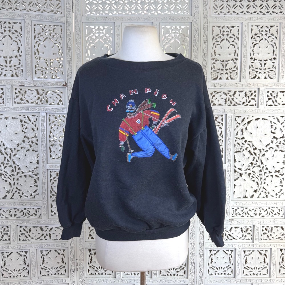 Vtg 80s Ski Sweatshirt Womens Petite M/L Champion Sporty Retro Graphic Outdoors